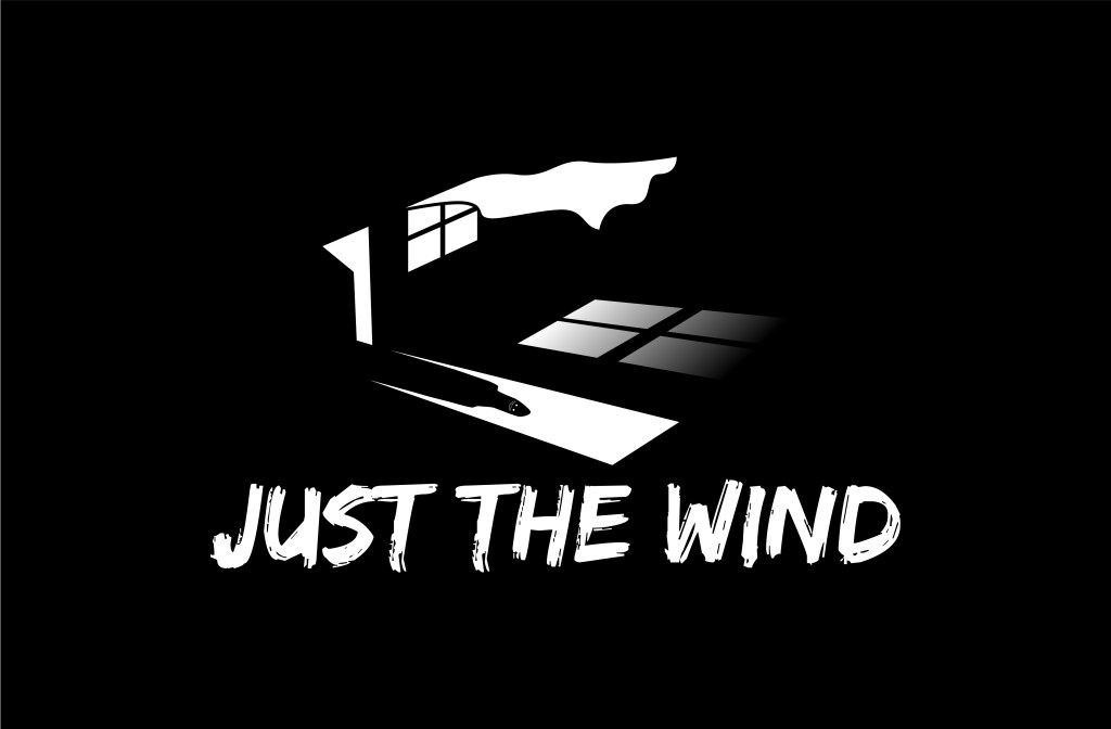 White on black image of a door opening onto a spooky character and the wind blowing a curtain in front of a small window.